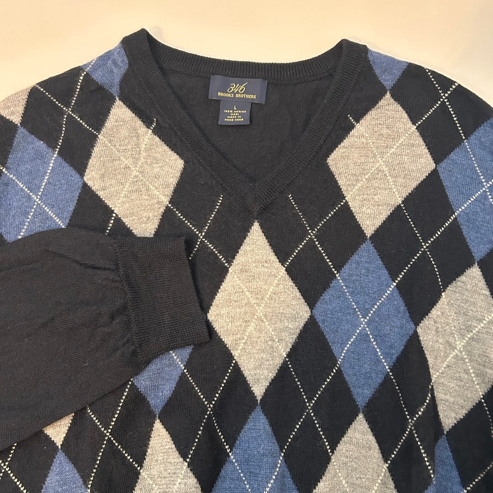 Brooks Brothers 346‎ Men's L Argyle V-Neck Merino Wool Sweater Blue Gray Classic